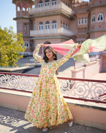 CREAM FLORAL ANARKALI SUIT SET