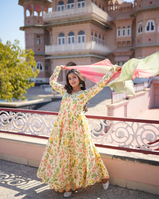 CREAM FLORAL ANARKALI SUIT SET