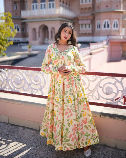 CREAM FLORAL ANARKALI SUIT SET