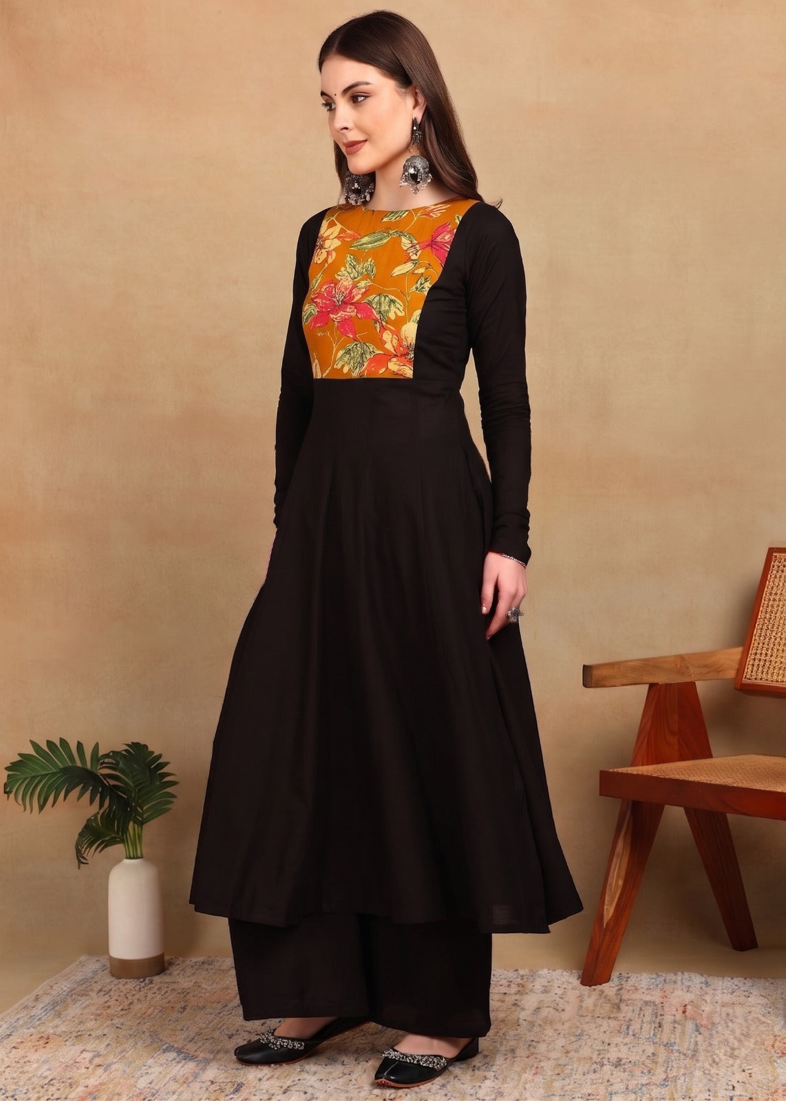 BLACK MUSTARD YOKE KURTA PLAZZO