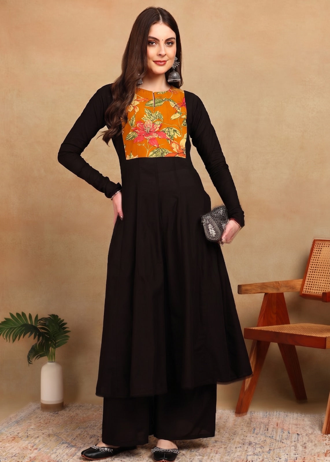 BLACK MUSTARD YOKE KURTA PLAZZO