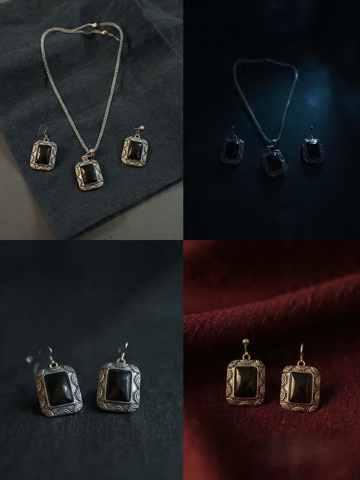 BLACK STONE SQUARE PENDENT SET