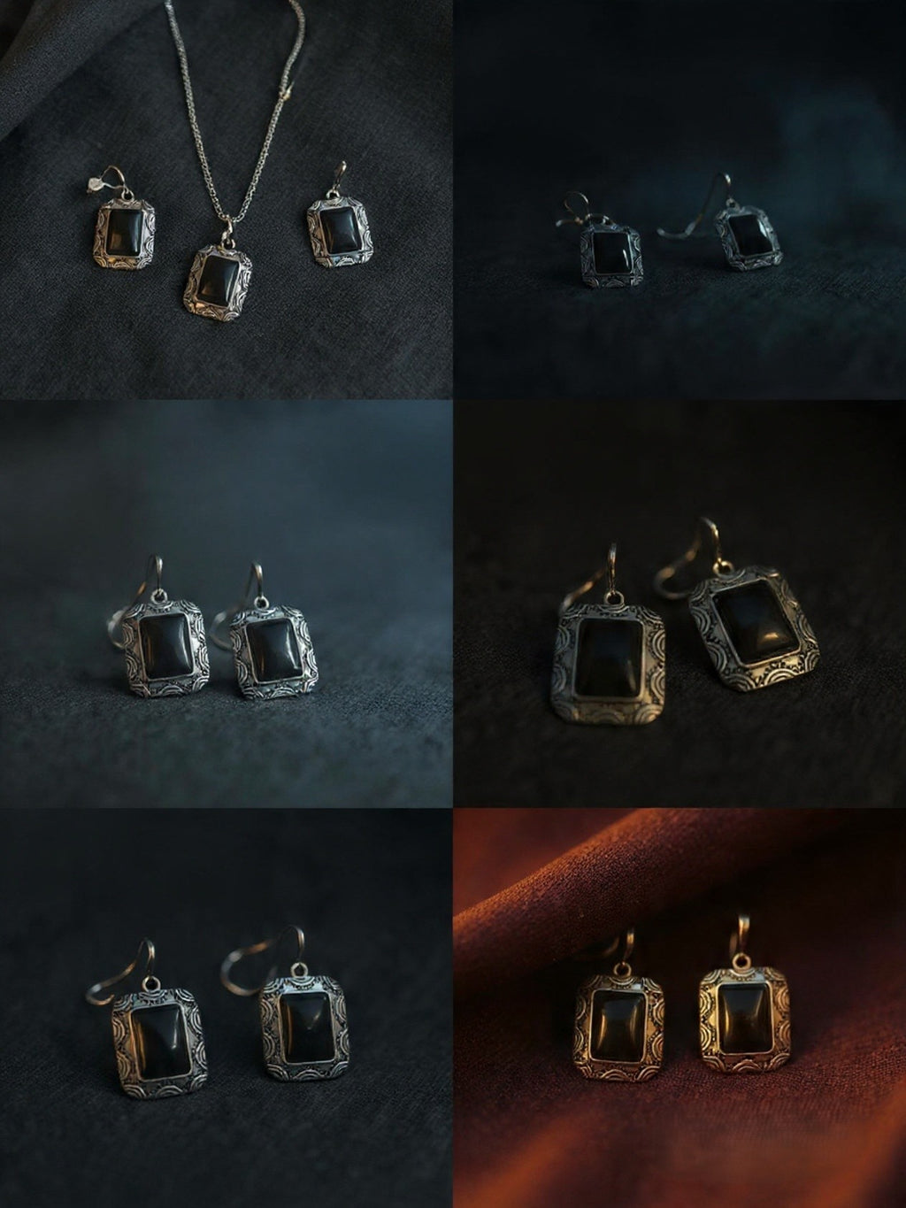 BLACK STONE SQUARE PENDENT SET