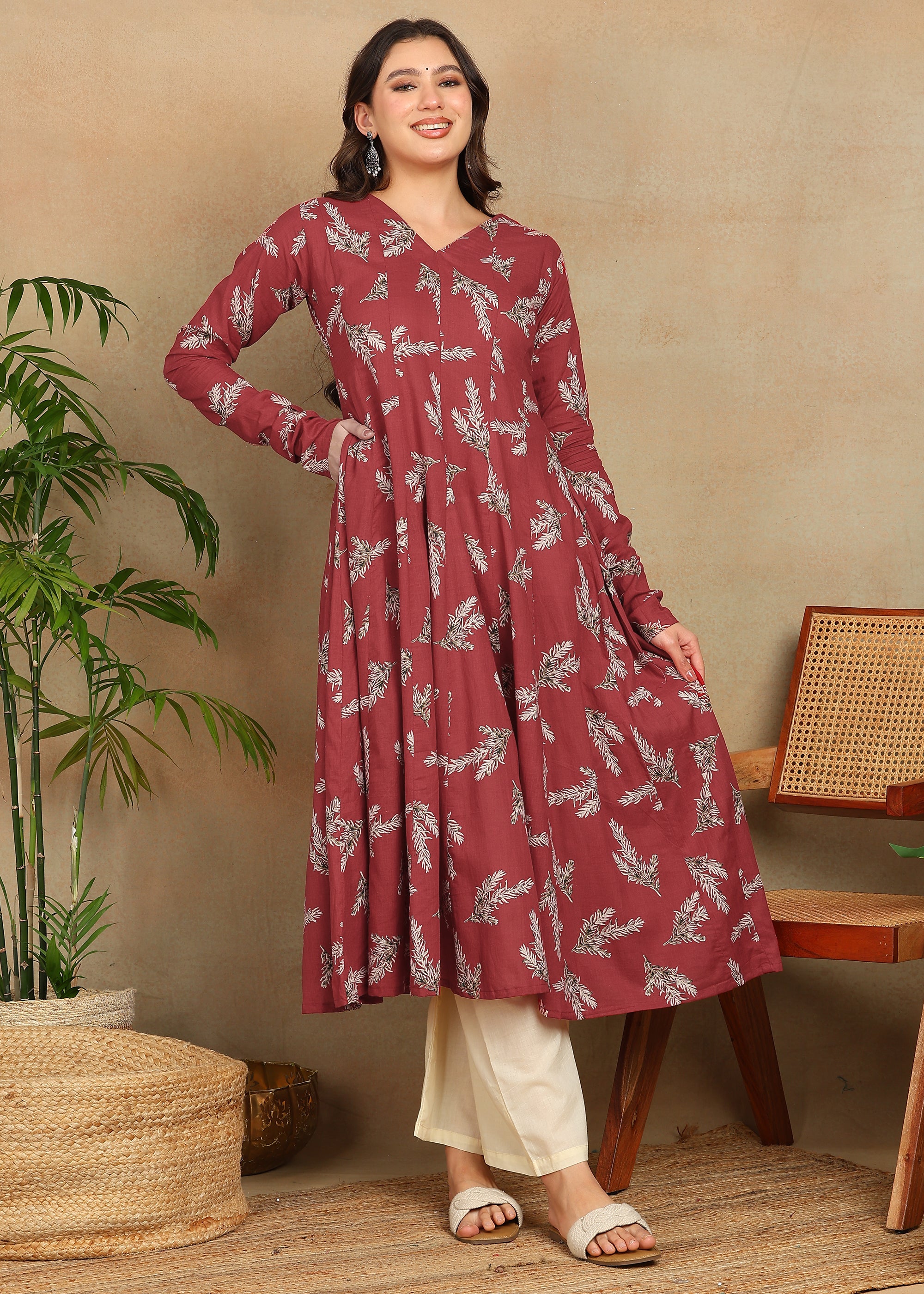 RED PRINTED A-LINE KURTA