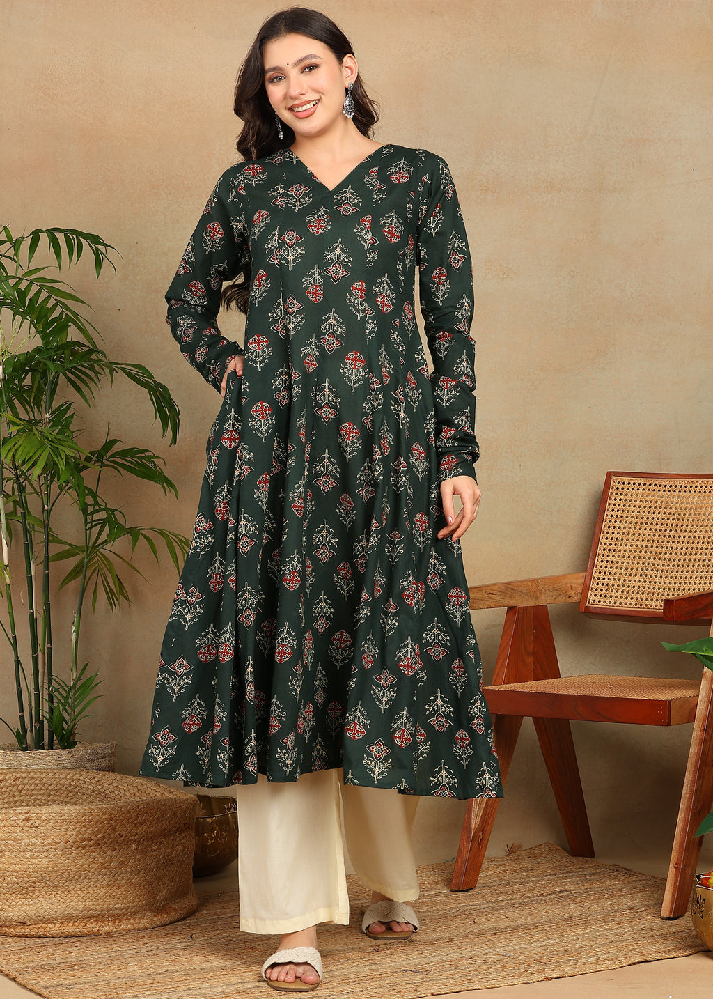 GREEN PRINTED A-LINE KURTA