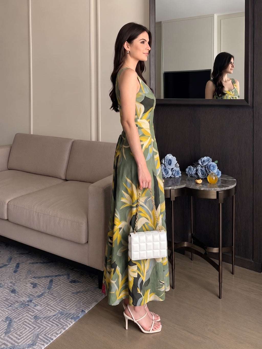 ABSTRACT GREEN STRAP DRESS