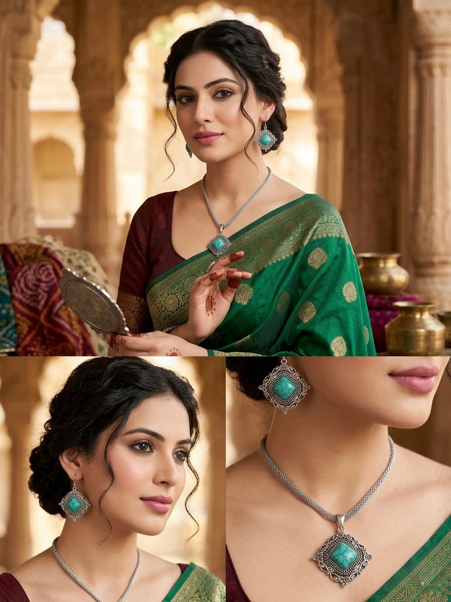 MESH CHAIN GREEN STONE PENDENT SET