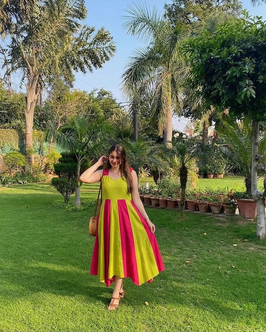 PINK LIME SLUB ONE PEICE DRESS