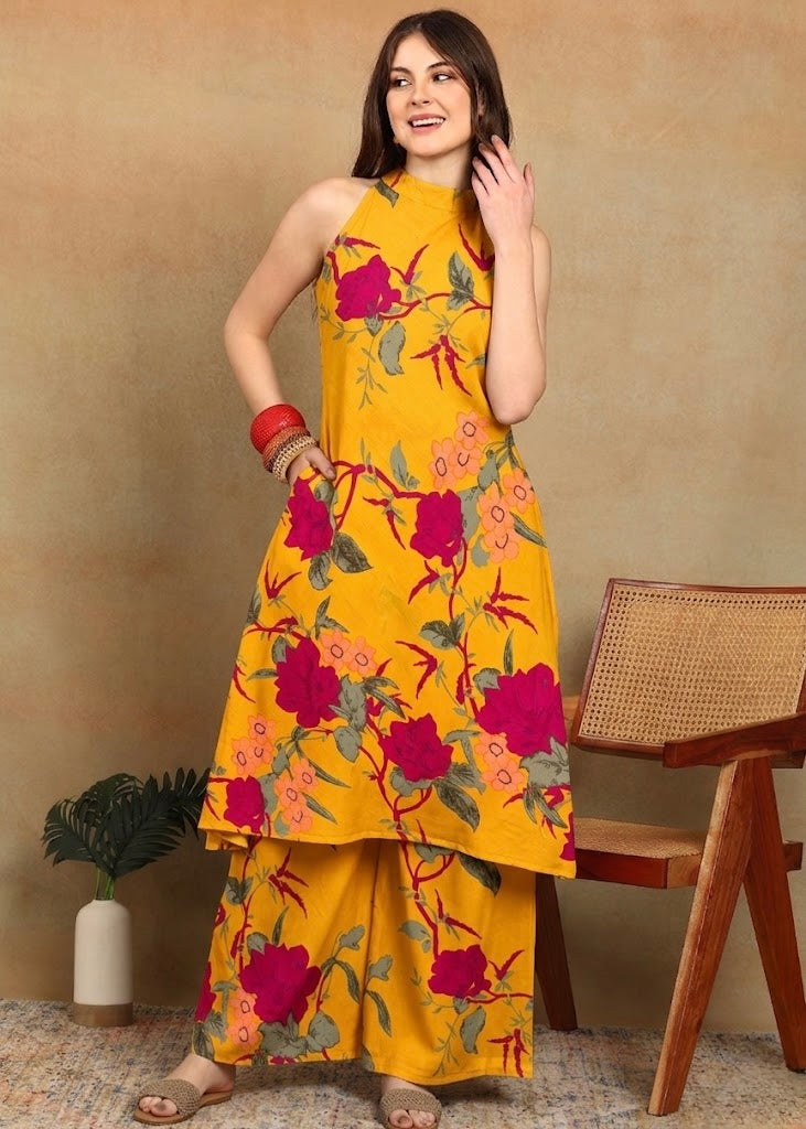 MUSTARD HALTER KURTA PLAZZO SET