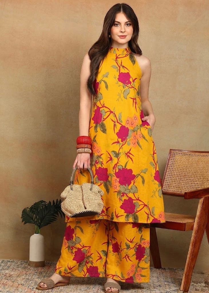MUSTARD HALTER KURTA PLAZZO SET