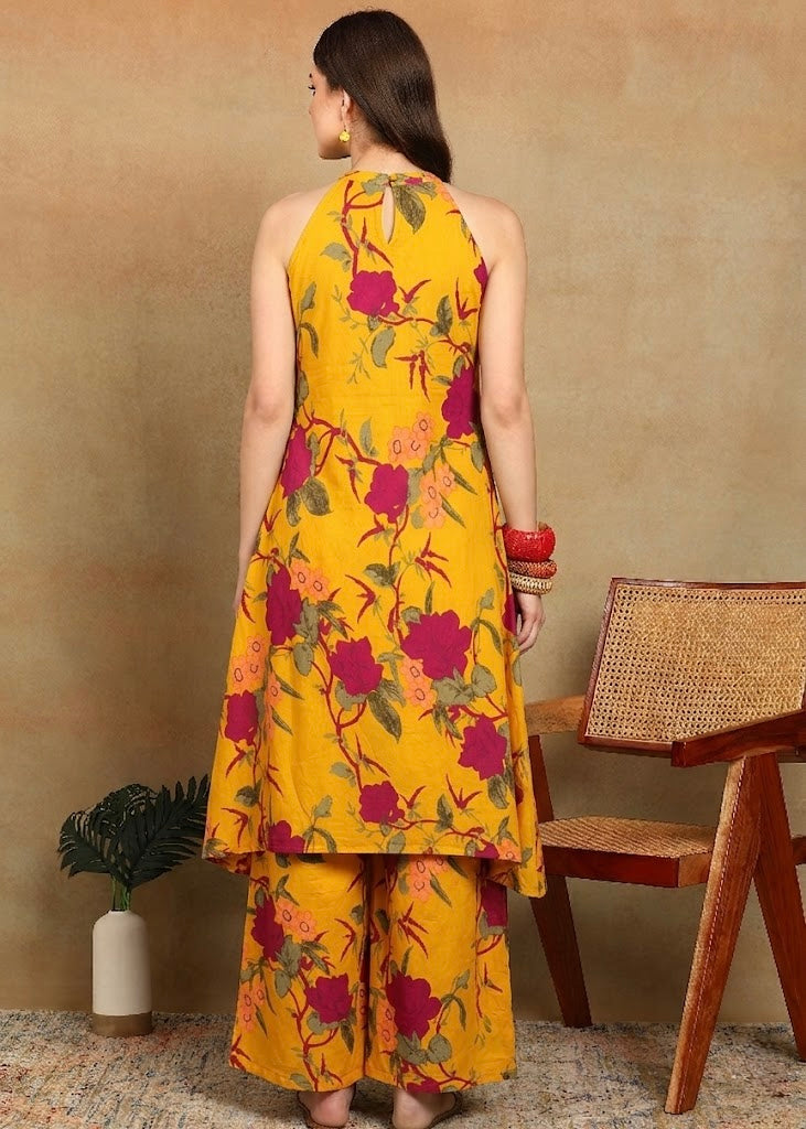 MUSTARD HALTER KURTA PLAZZO SET