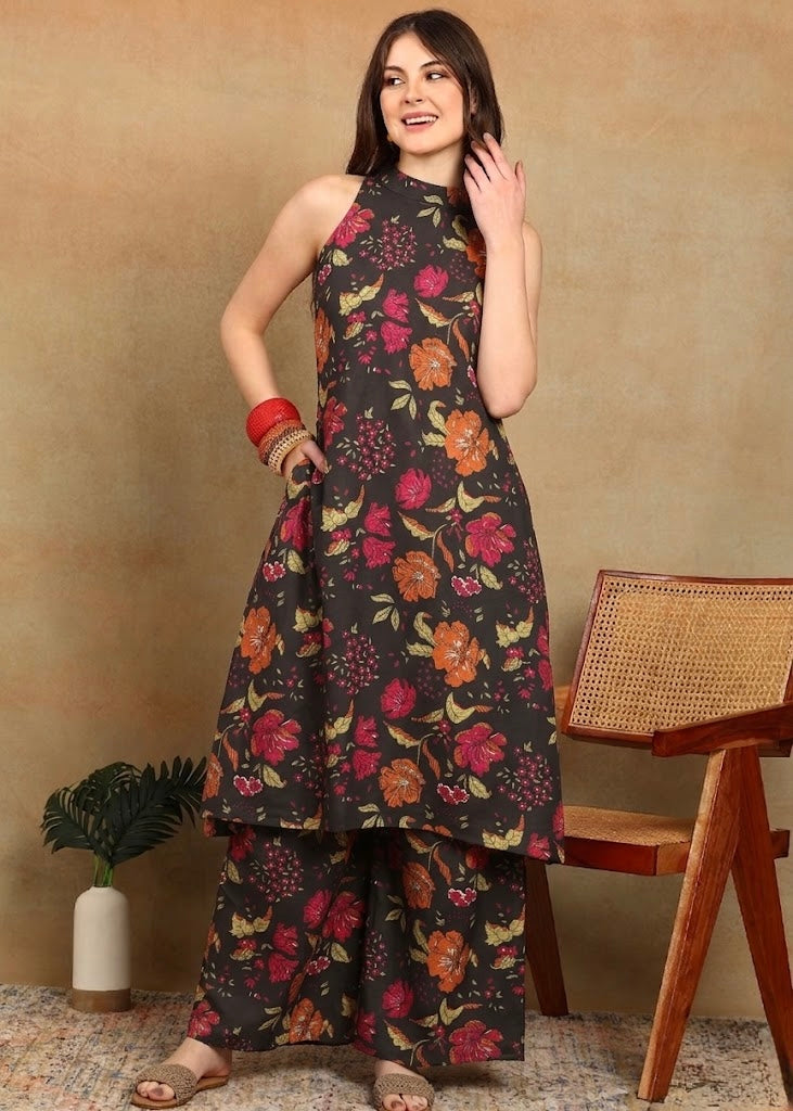 BLACK HALTER KURTA PLAZZO SET