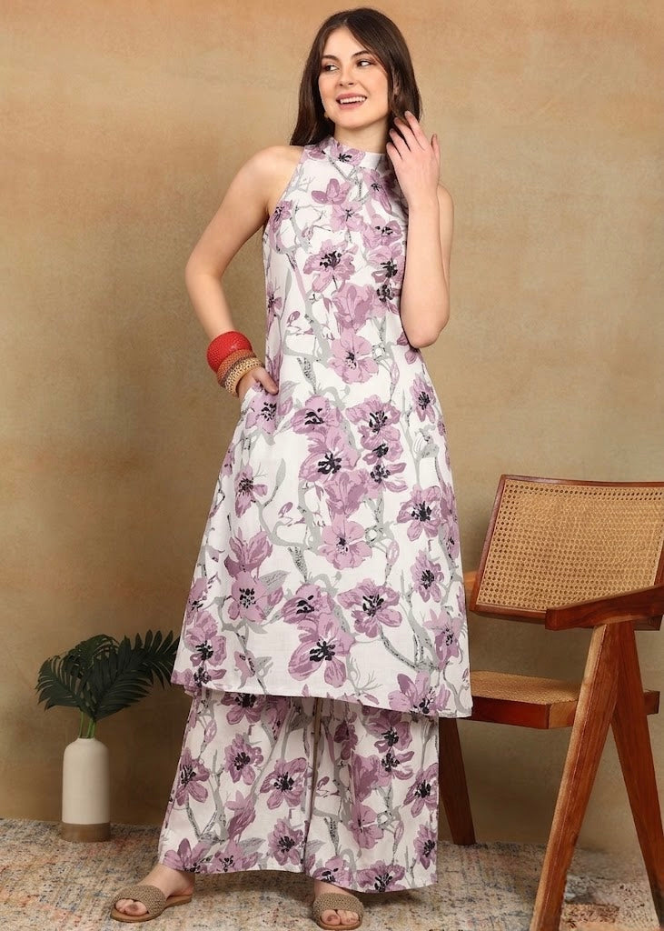 WHITE PURPLE HALTER KURTA PLAZZO SET