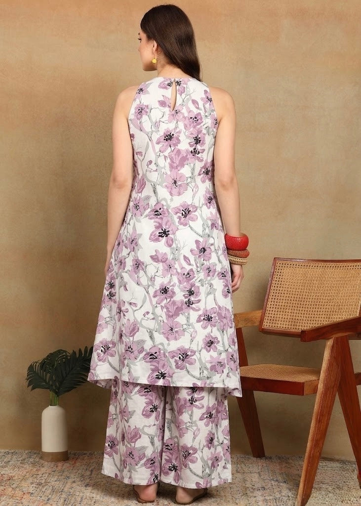 WHITE PURPLE HALTER KURTA PLAZZO SET