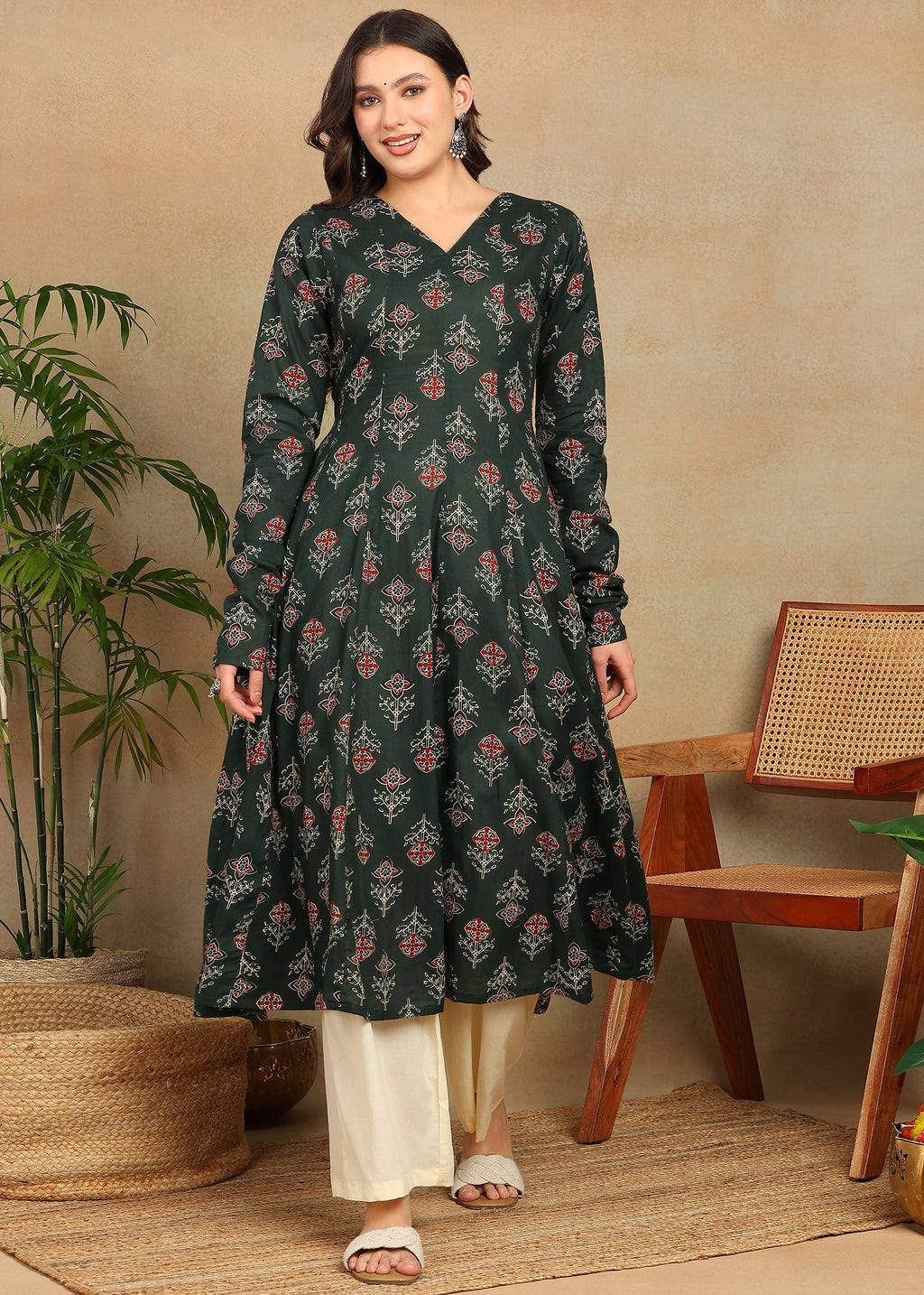 GREEN PRINTED A-LINE KURTA