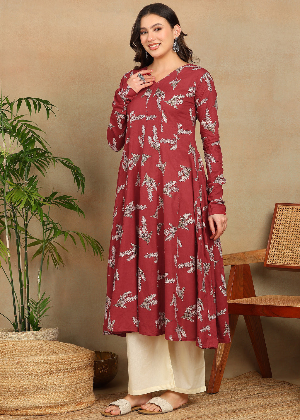 RED PRINTED A-LINE KURTA