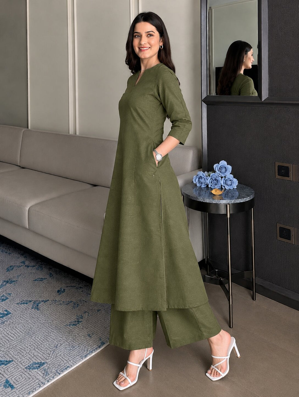 OLIVE KASHMIR KURTA PLAZZO