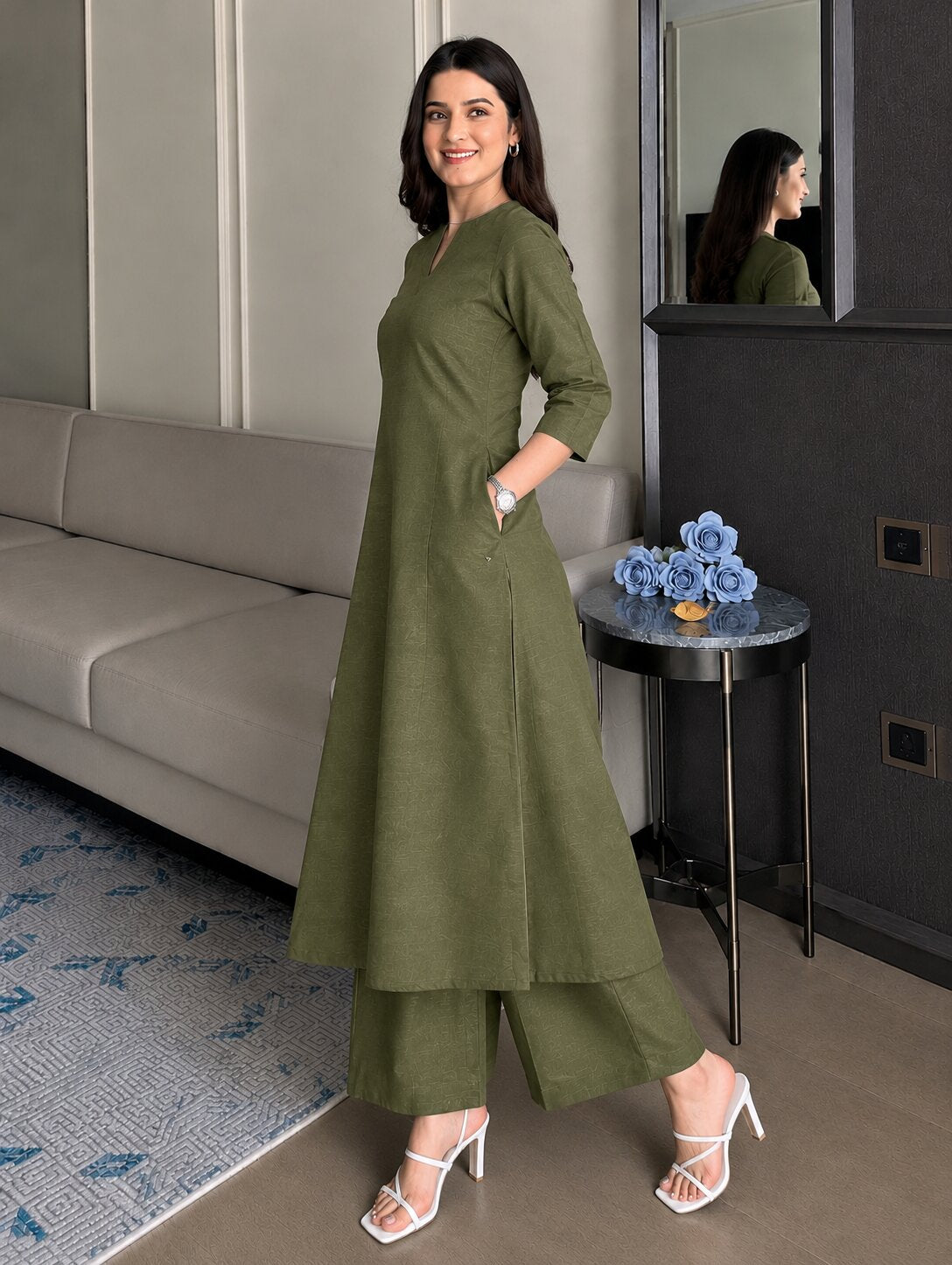 OLIVE KASHMIR KURTA PLAZZO