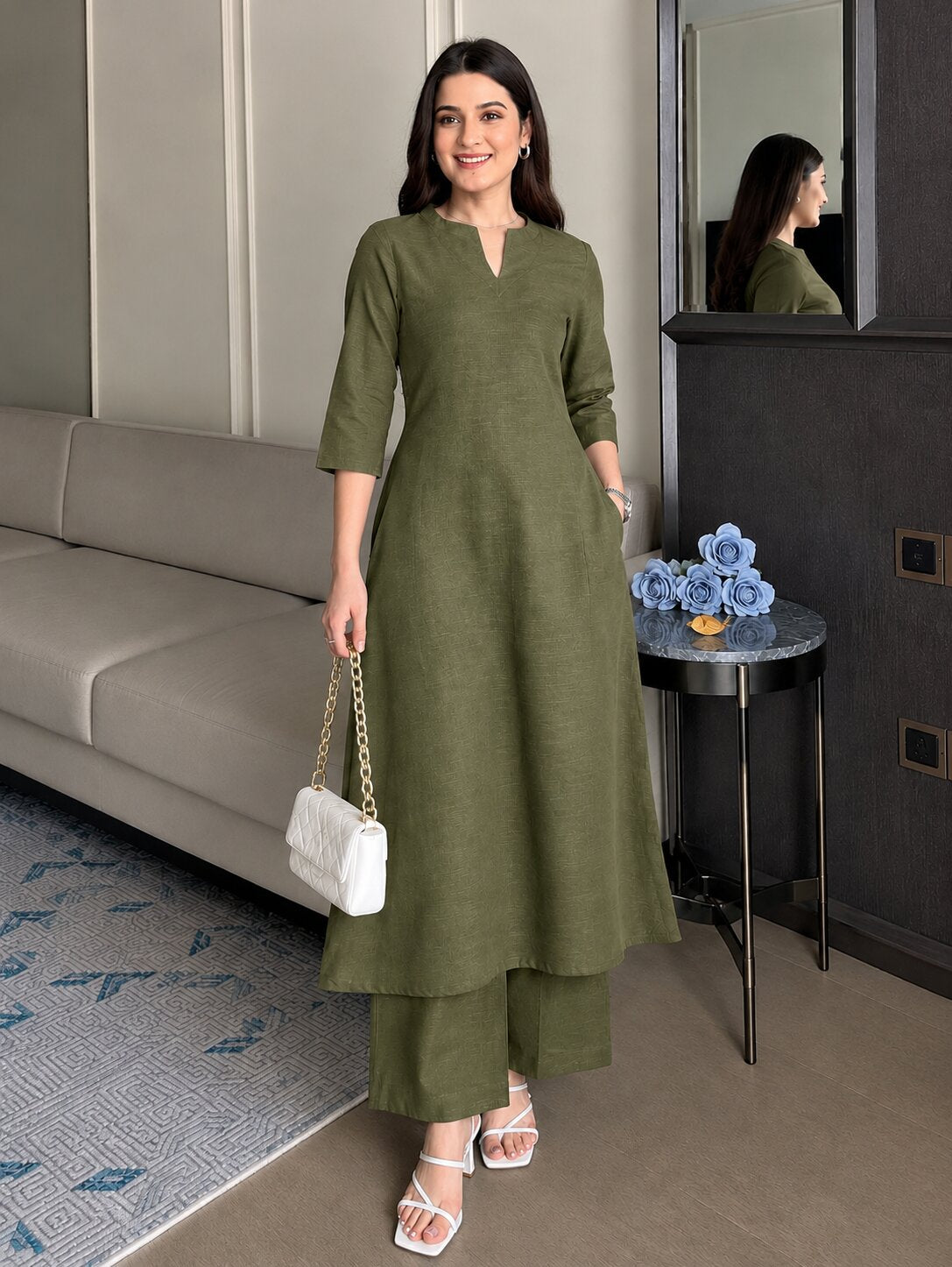 OLIVE KASHMIR KURTA PLAZZO