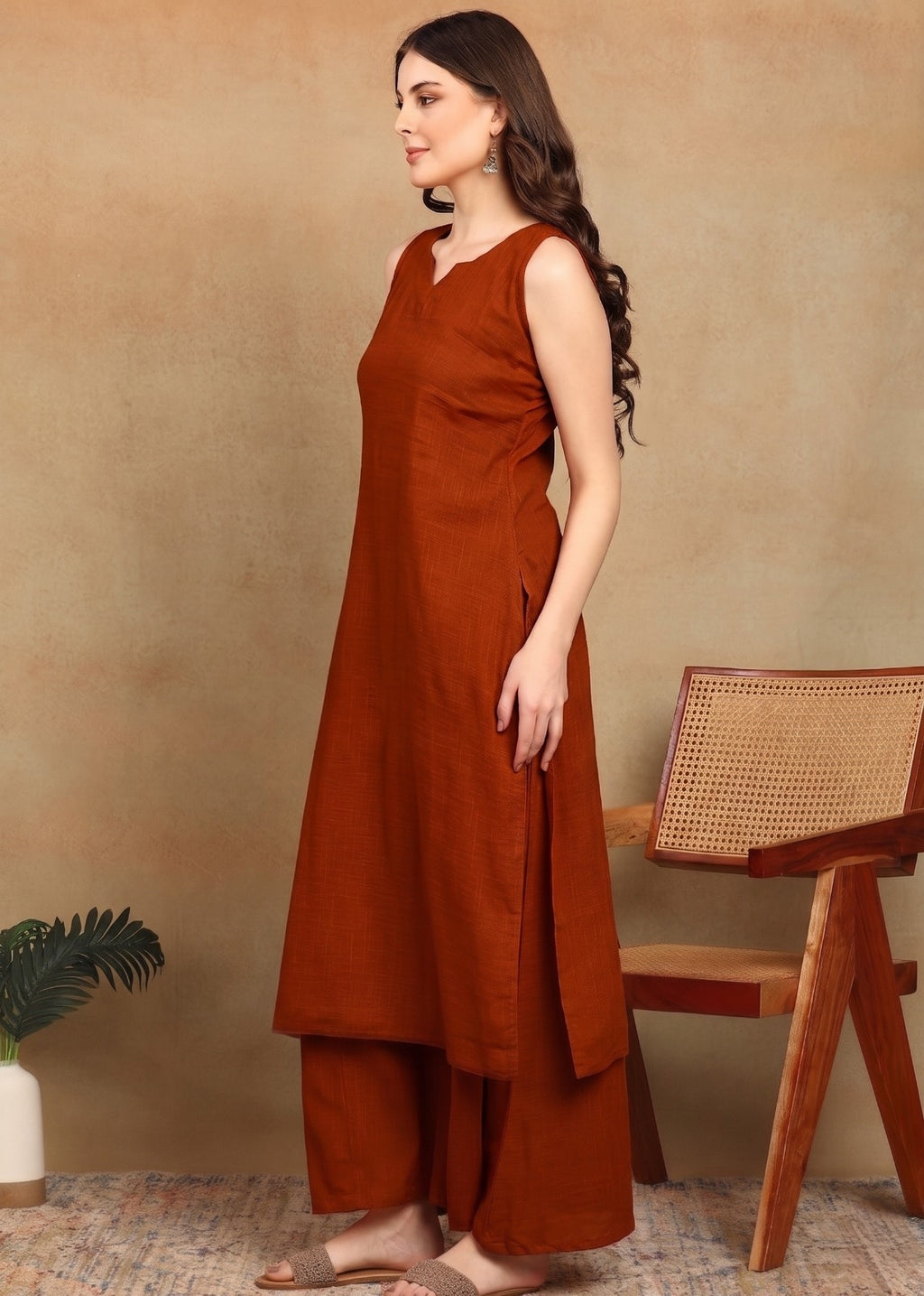 RUST SLUB KURTA PLAZZO