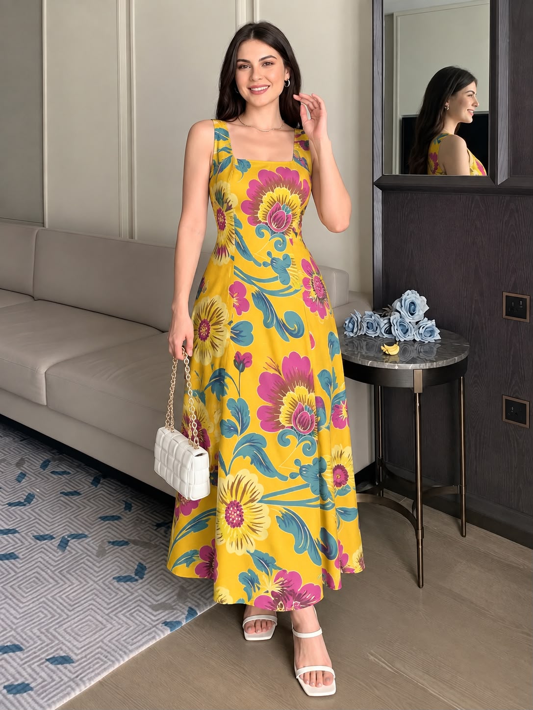 YELLOW ABSTRACT STRAP DRESS