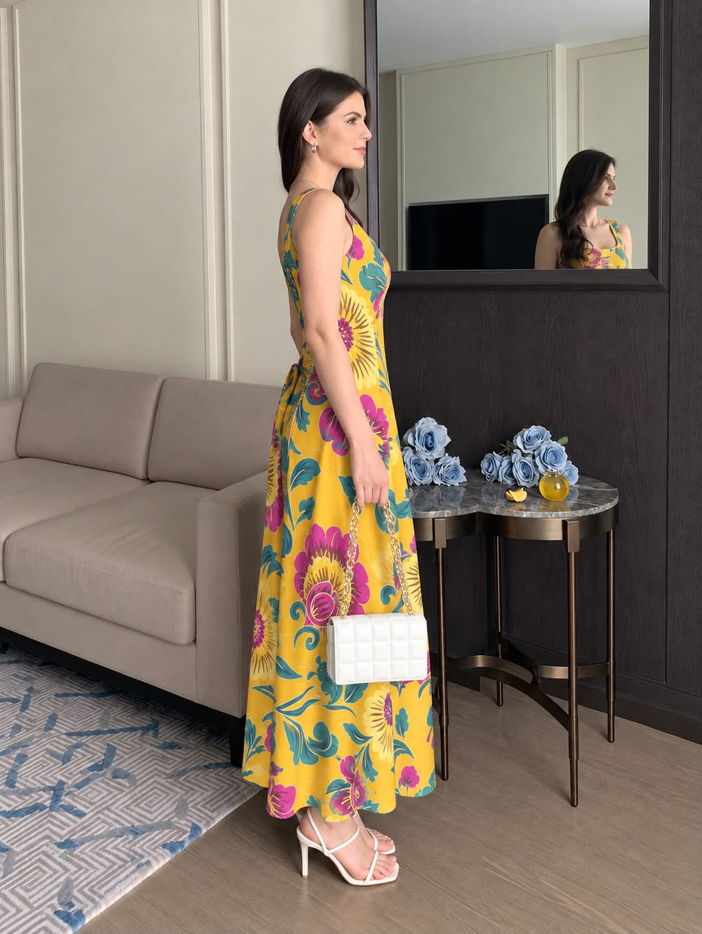 YELLOW ABSTRACT STRAP DRESS