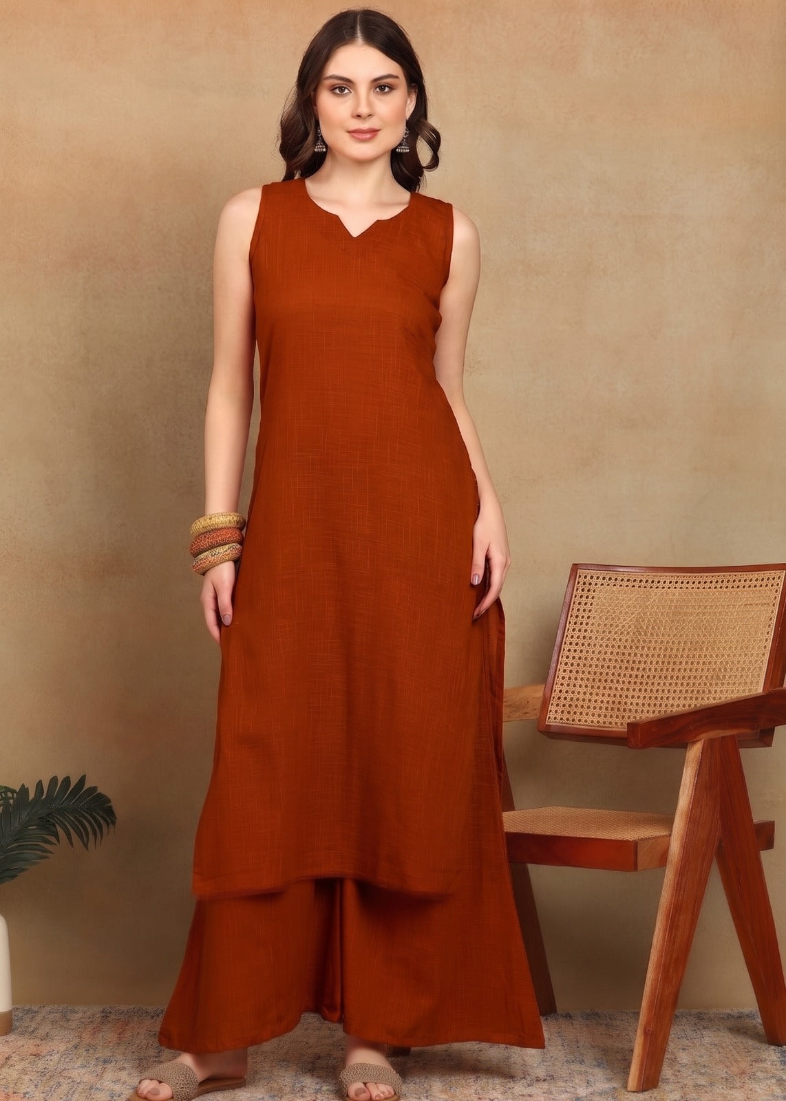 RUST SLUB KURTA PLAZZO