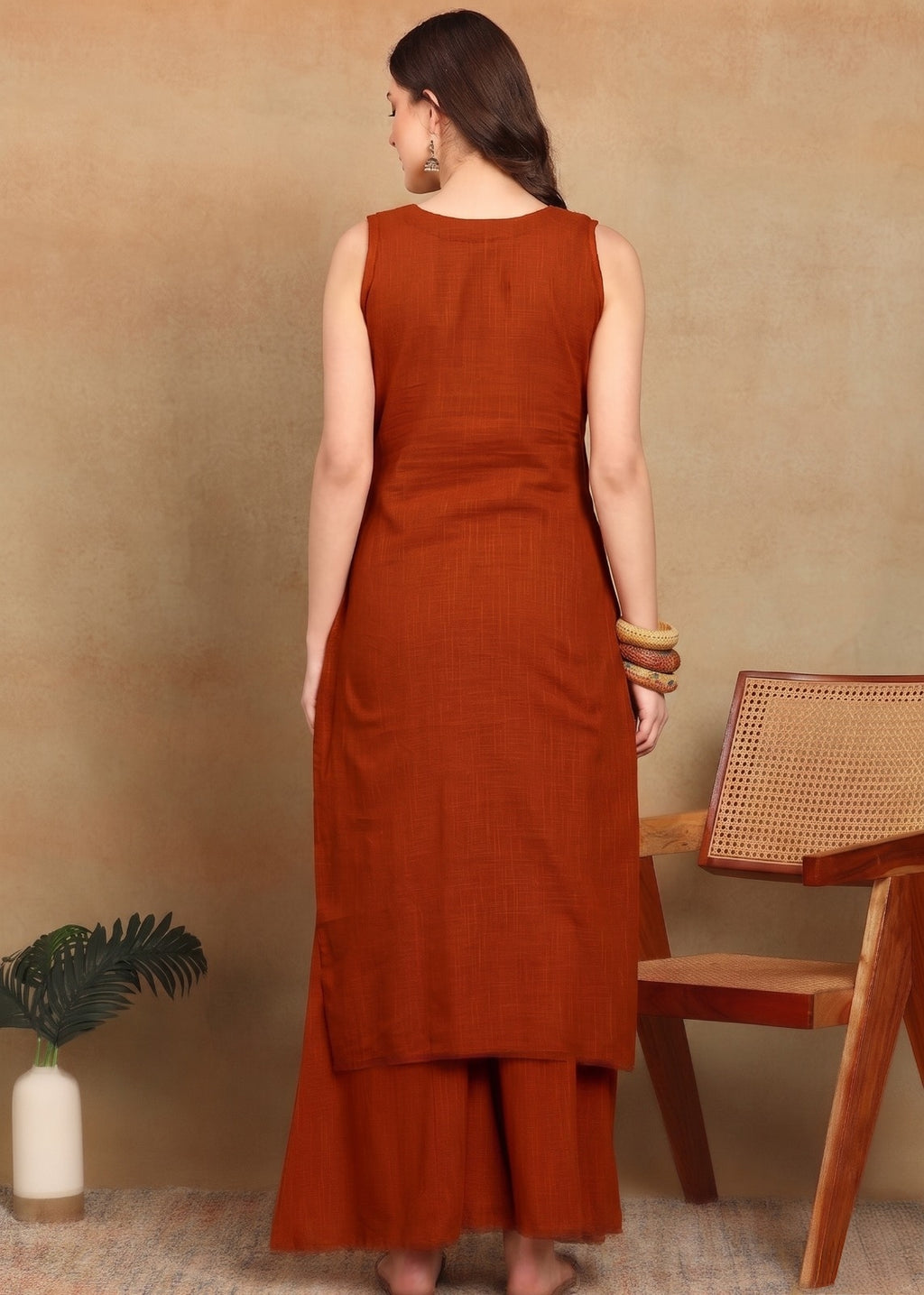 RUST SLUB KURTA PLAZZO