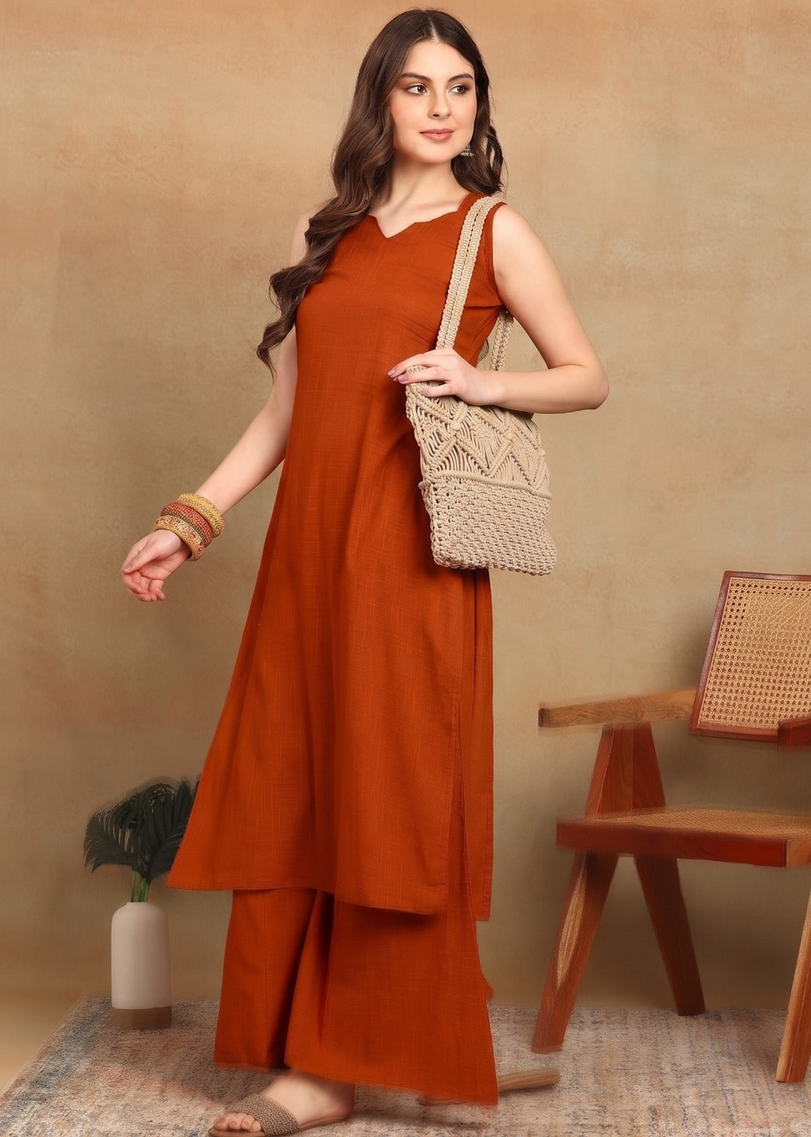 RUST SLUB KURTA PLAZZO