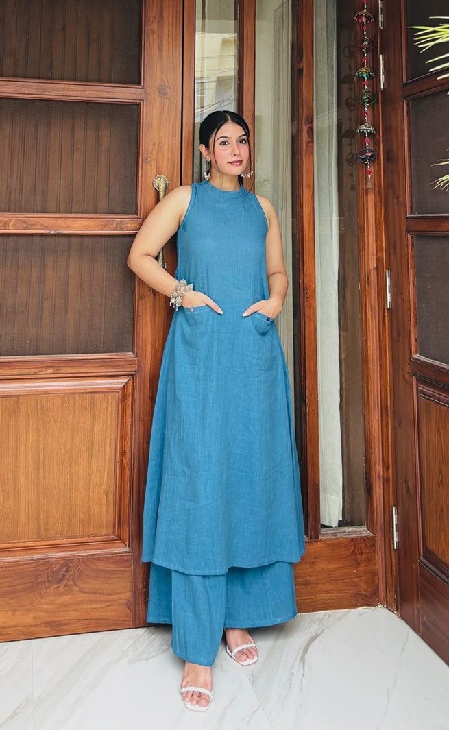 SKYBLUE SLUB KURTA PLAZZO SET