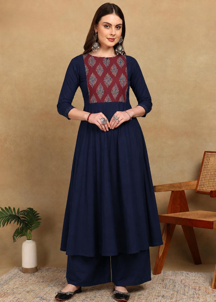BLUE RED YOKE 3/4 SLEEVES