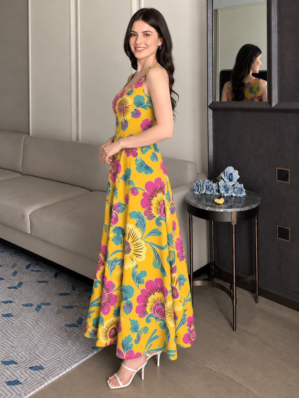 YELLOW ABSTRACT STRAP DRESS
