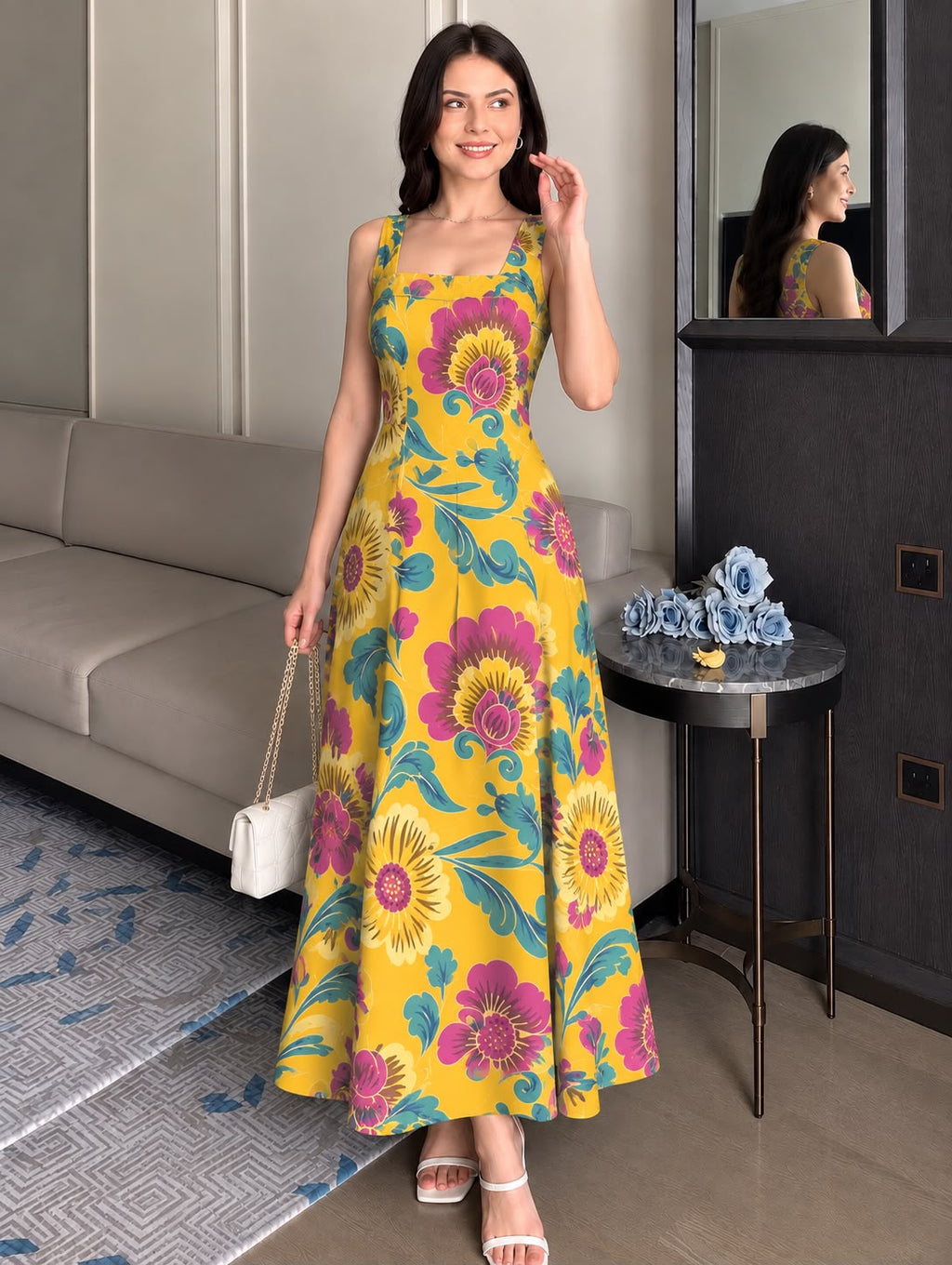 YELLOW ABSTRACT STRAP DRESS