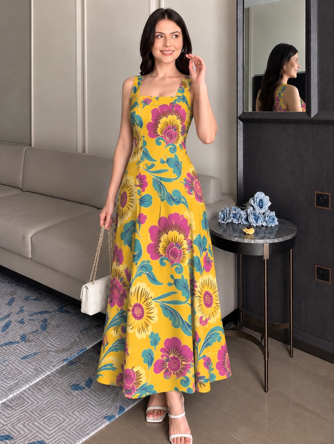 YELLOW ABSTRACT STRAP DRESS