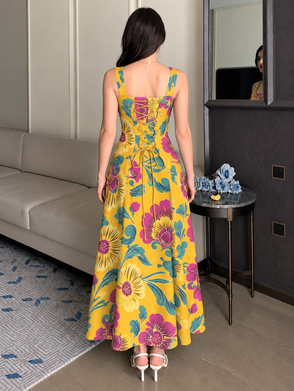 YELLOW ABSTRACT STRAP DRESS