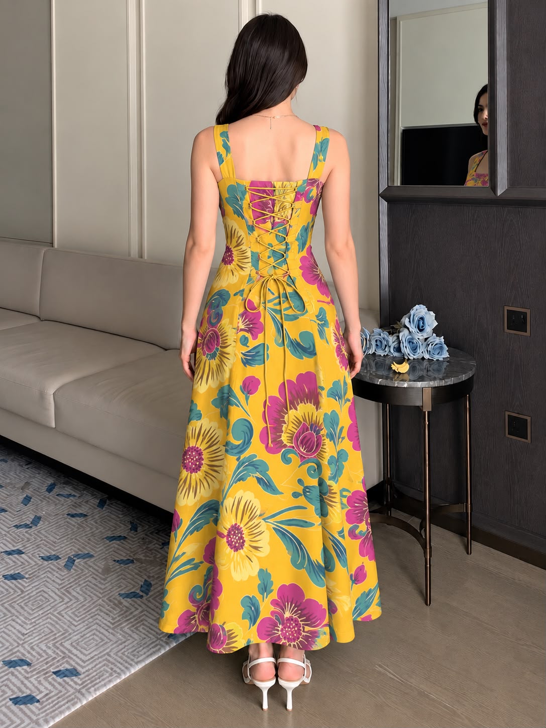 YELLOW ABSTRACT STRAP DRESS