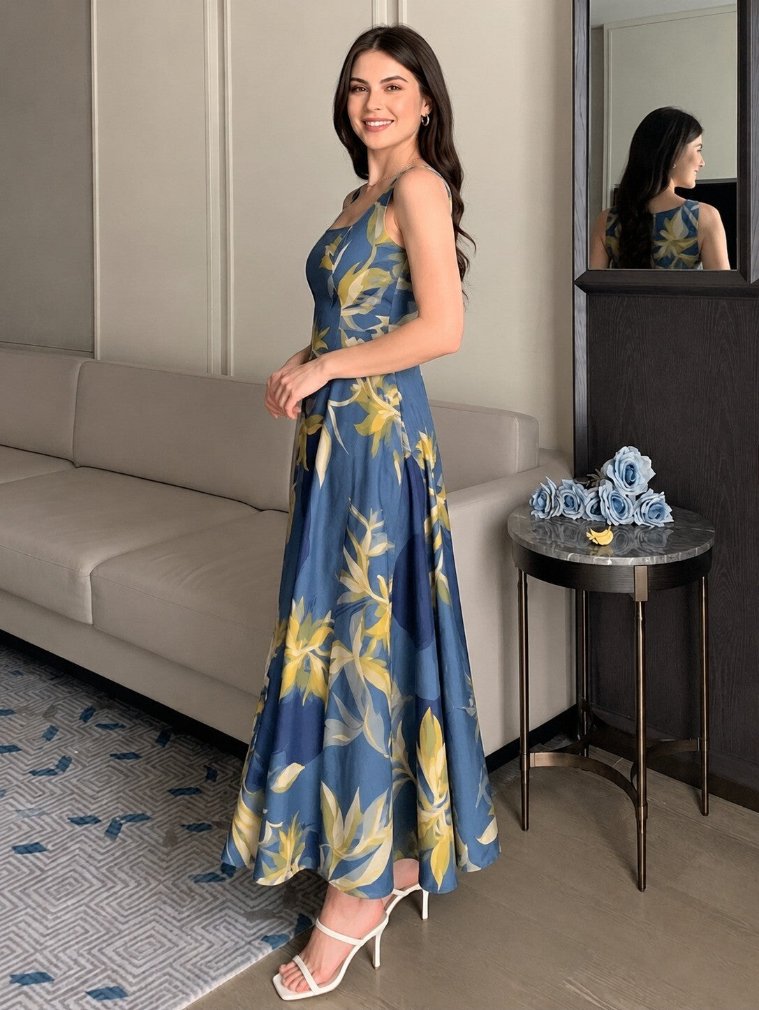 ABSTRACT BLUE STRAP DRESS