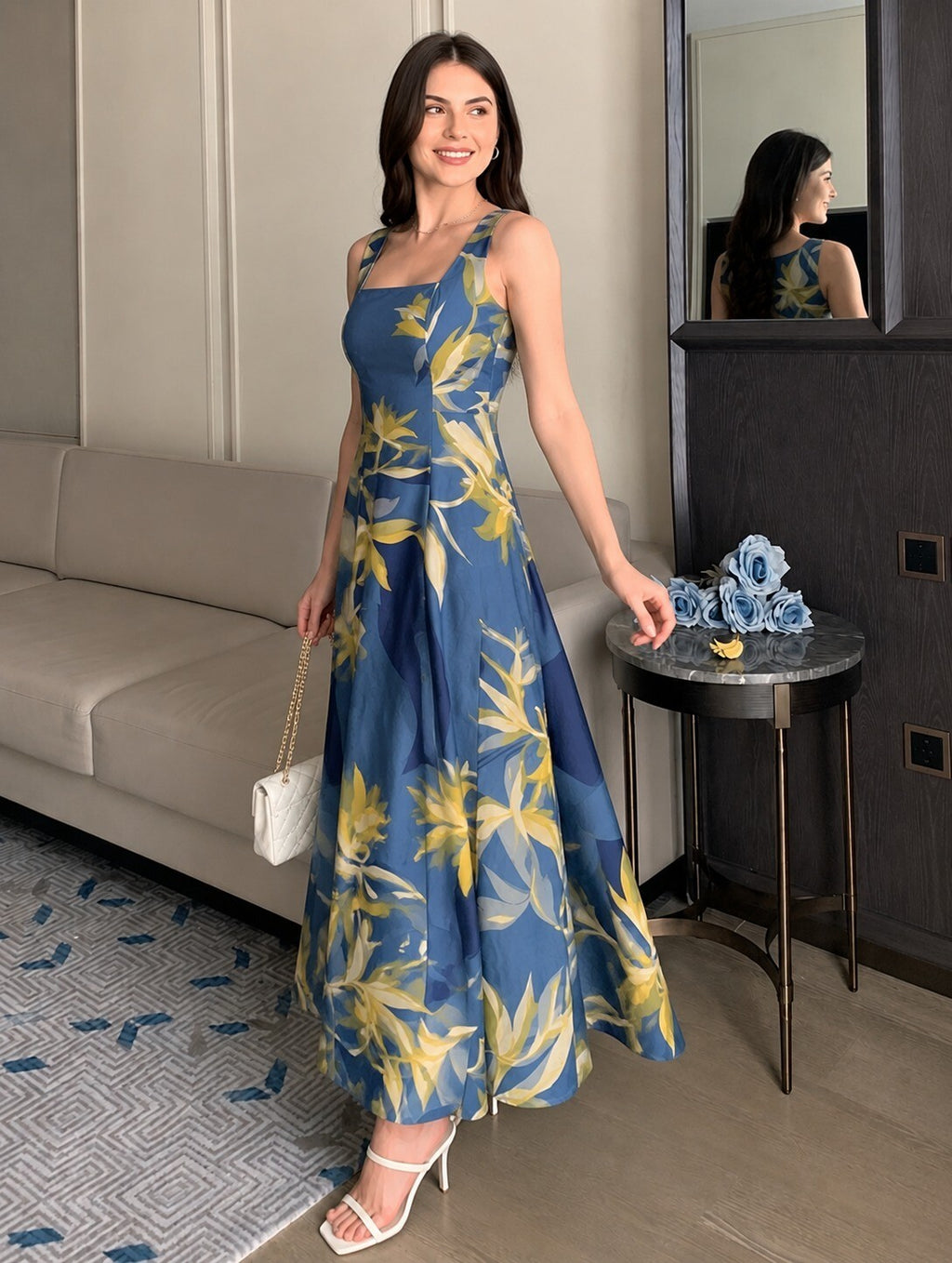 ABSTRACT BLUE STRAP DRESS
