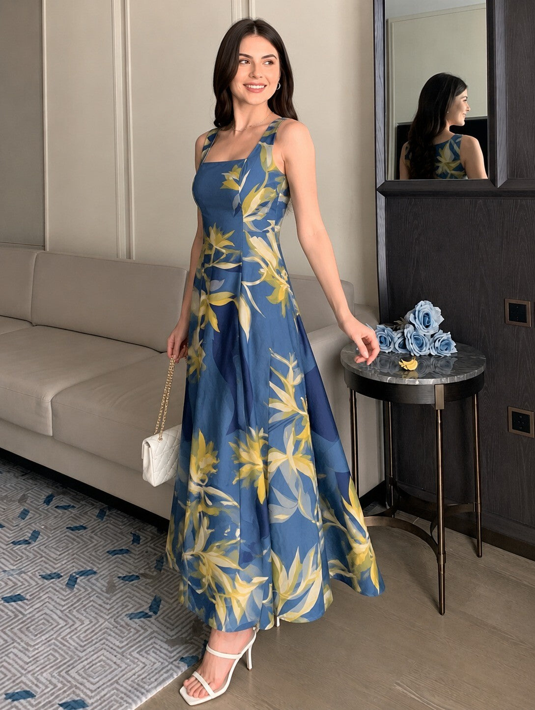 ABSTRACT BLUE STRAP DRESS