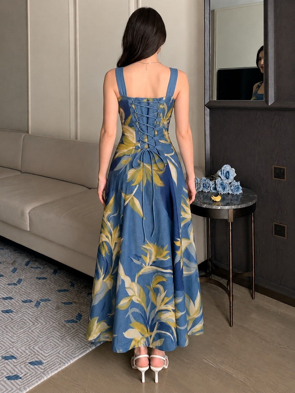 ABSTRACT BLUE STRAP DRESS