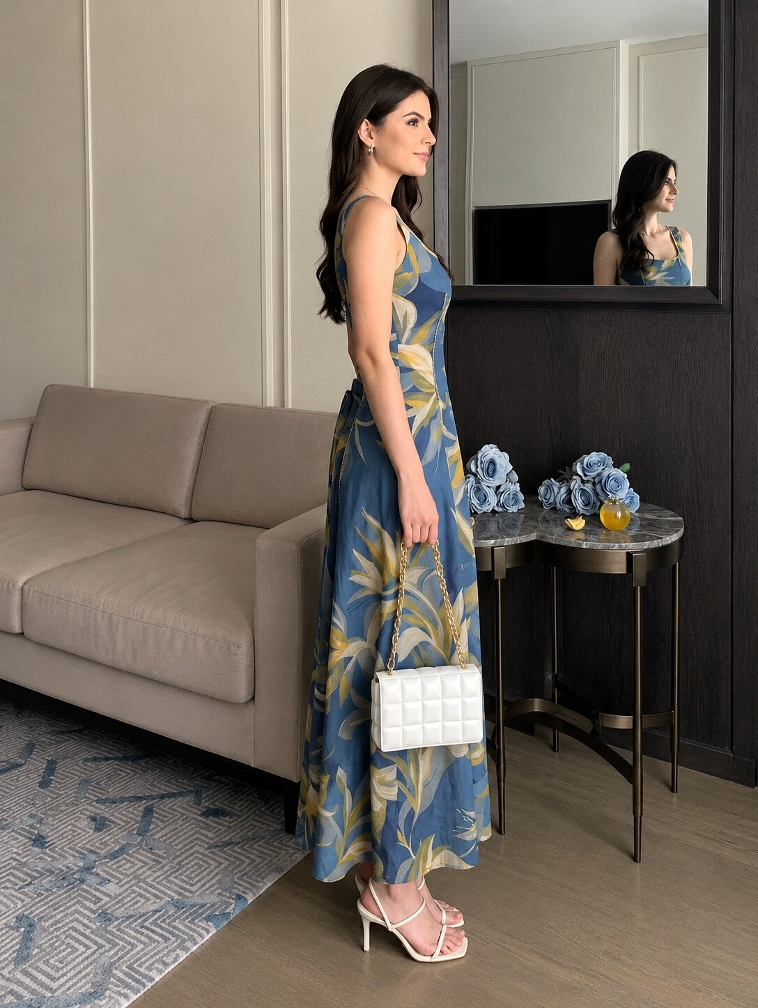ABSTRACT BLUE STRAP DRESS