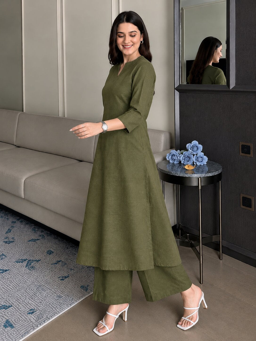 OLIVE KASHMIR KURTA PLAZZO