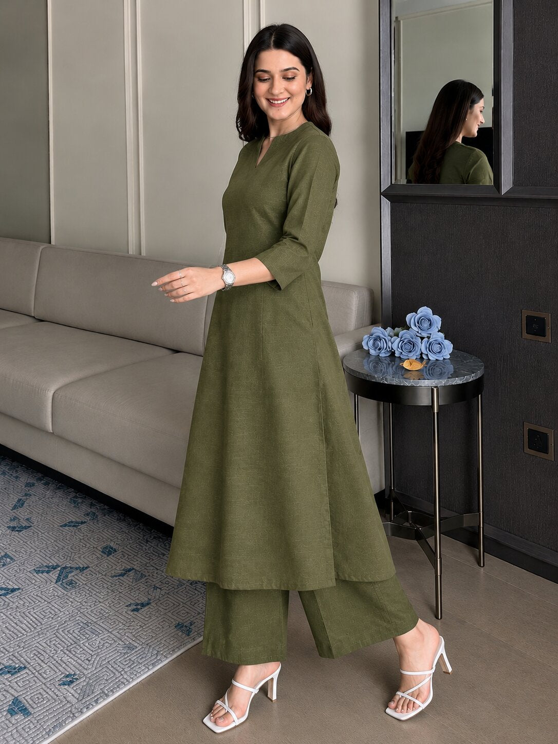 OLIVE KASHMIR KURTA PLAZZO
