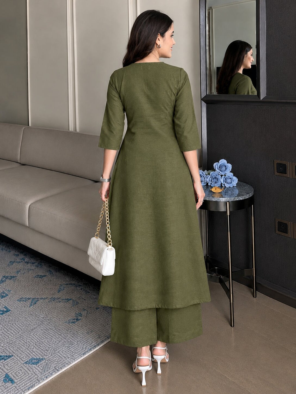 OLIVE KASHMIR KURTA PLAZZO